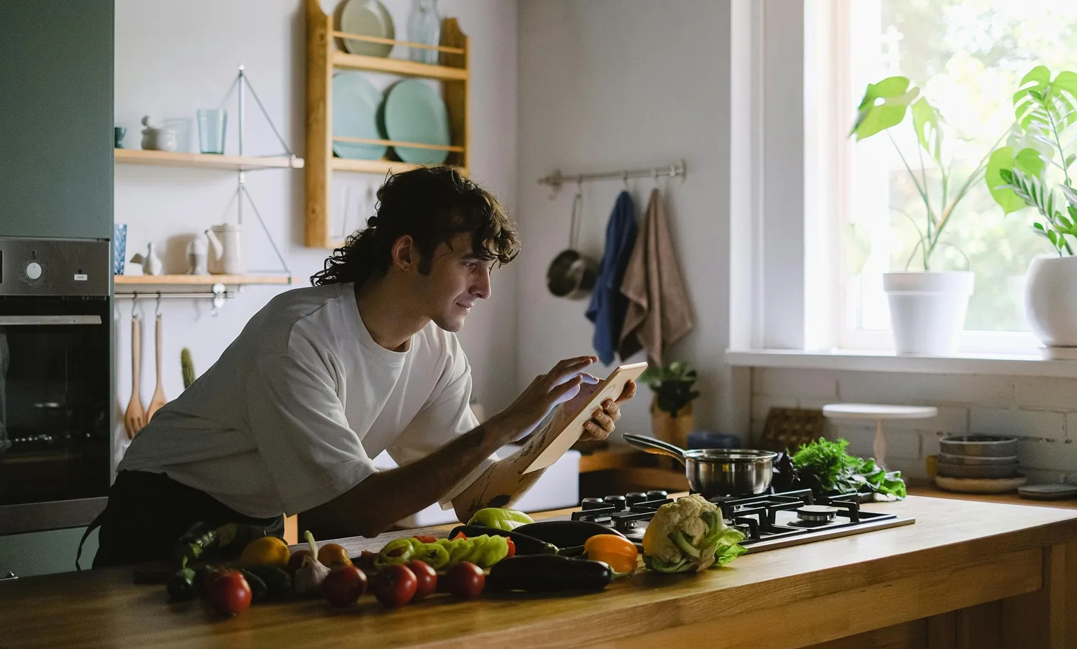 Homeowner managing their smart home from a kitchen touchscreen tablet